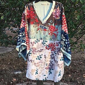 Soft Surroundings Izumi Embroidered Multi Print Kimono Sleeve Blouse